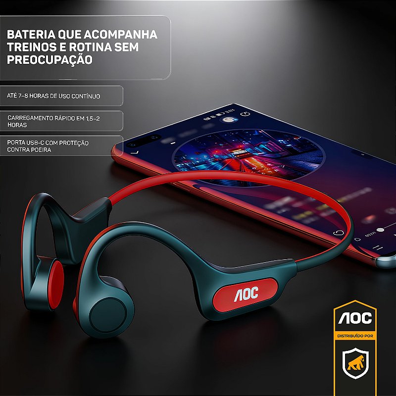 Fone De Ouvido Bluetooth A Prova D'agua Com Conducao Ossea - Preto/Vermelho - AOC